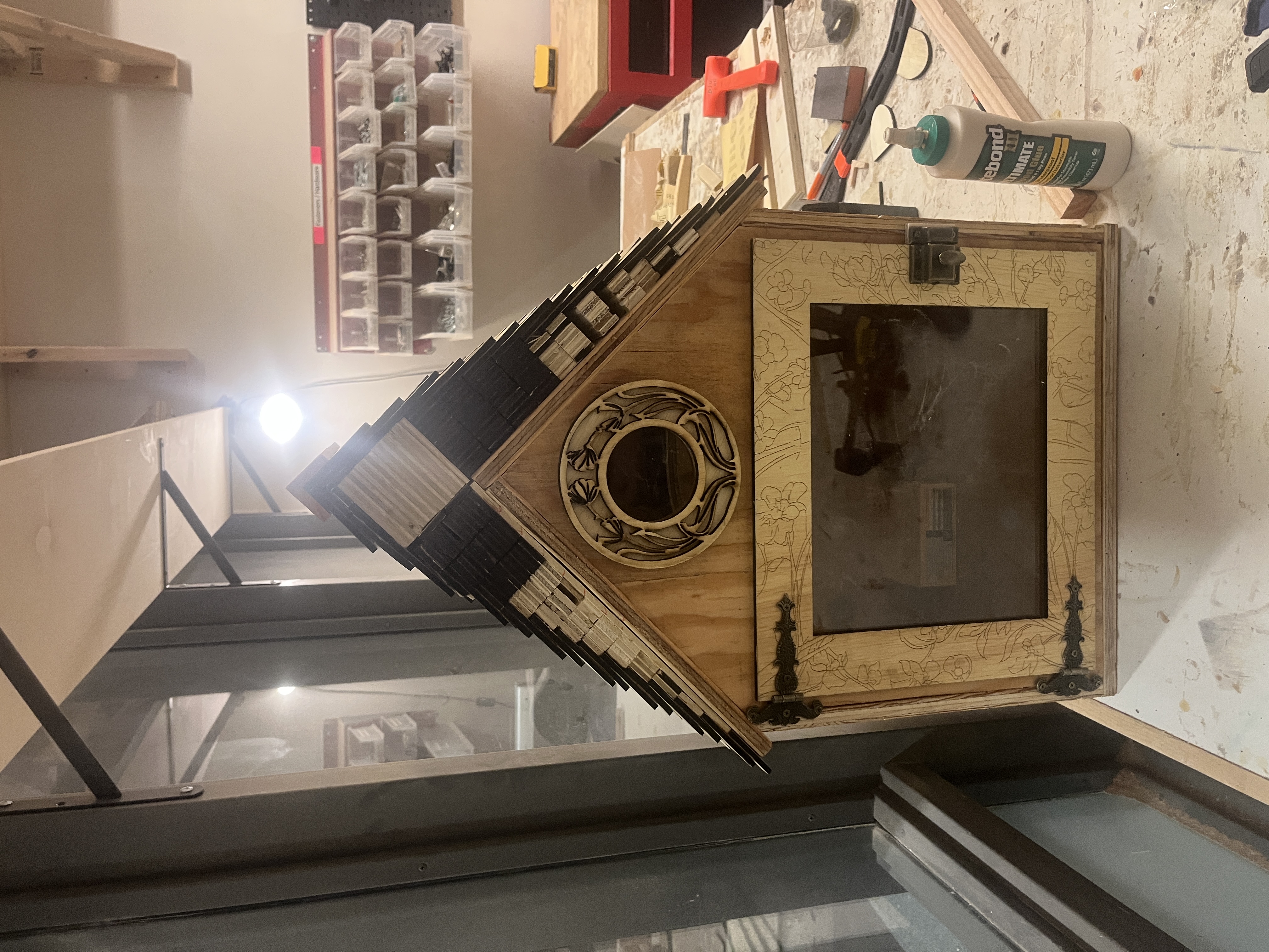 Almost-finished cabinet in the woodshop