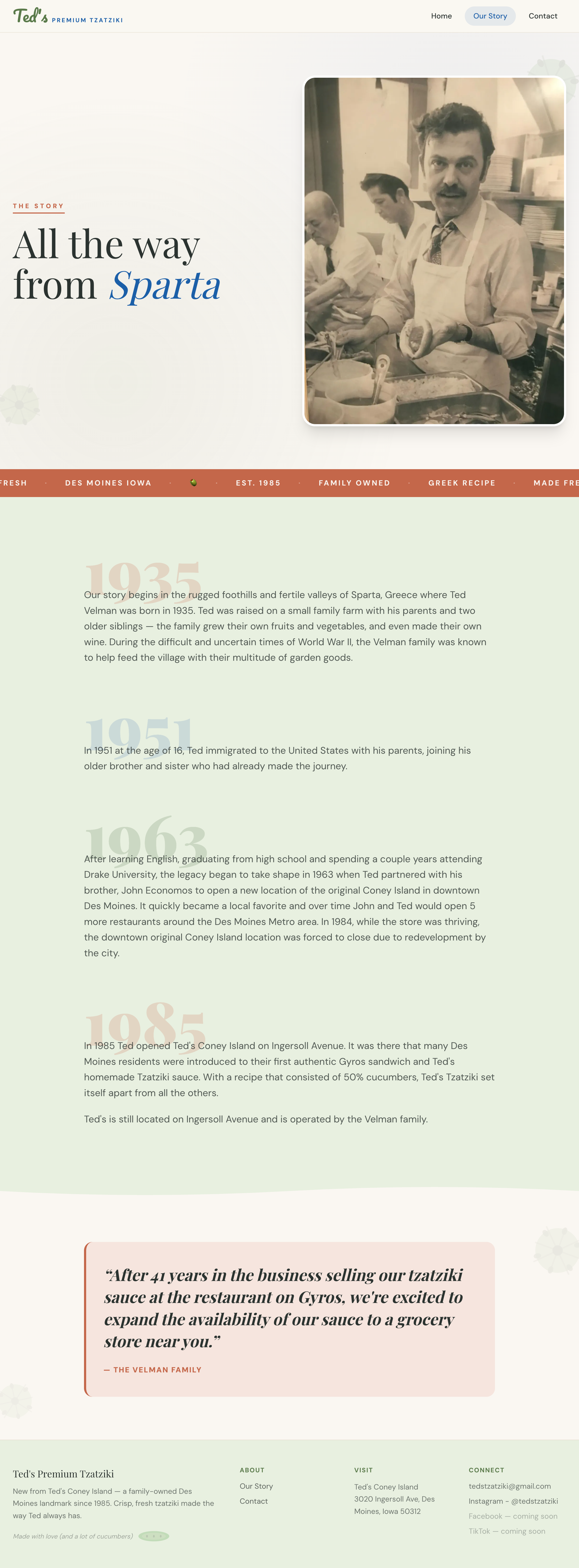 Ted's Tzatziki Our Story page