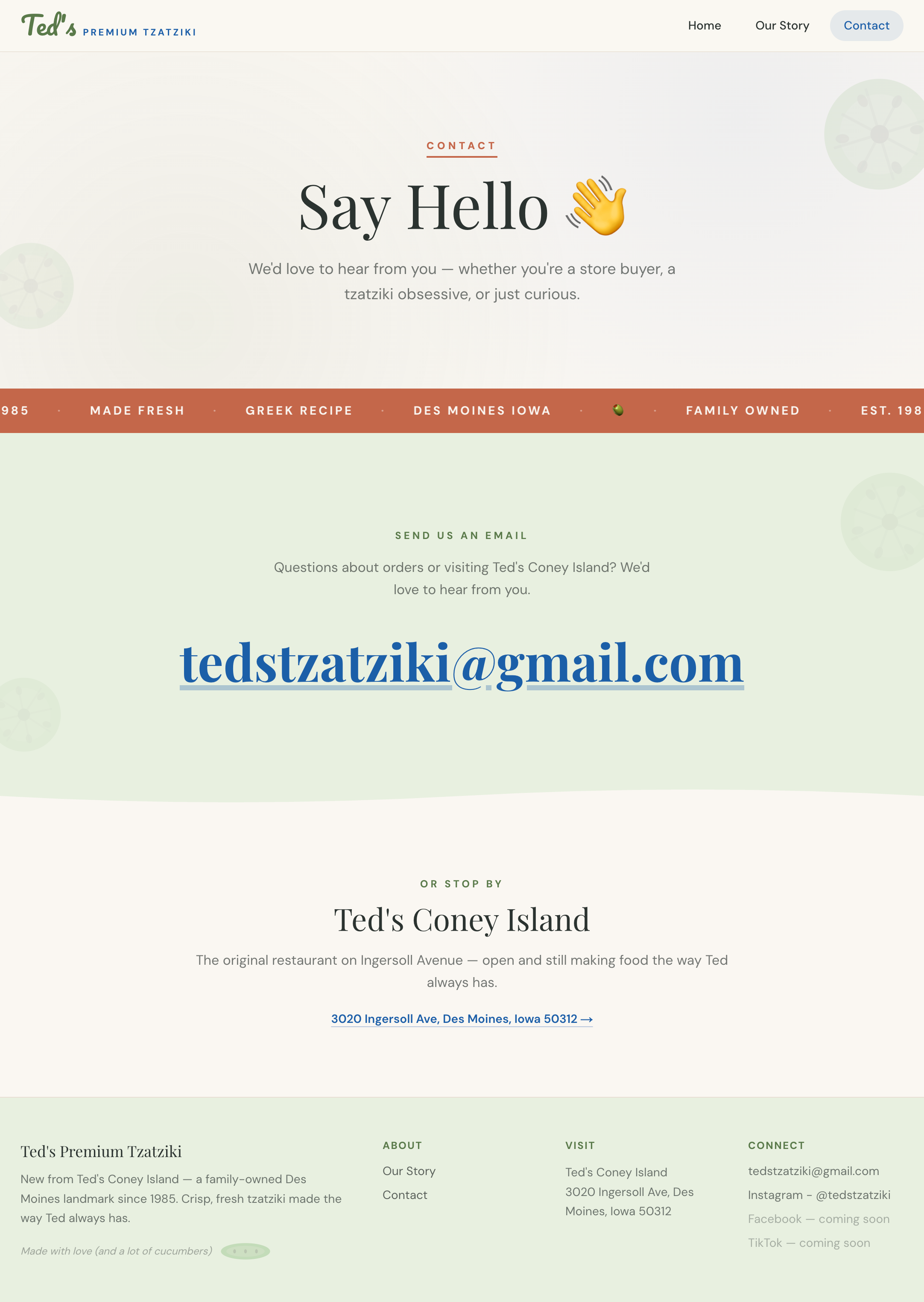 Ted's Tzatziki contact page